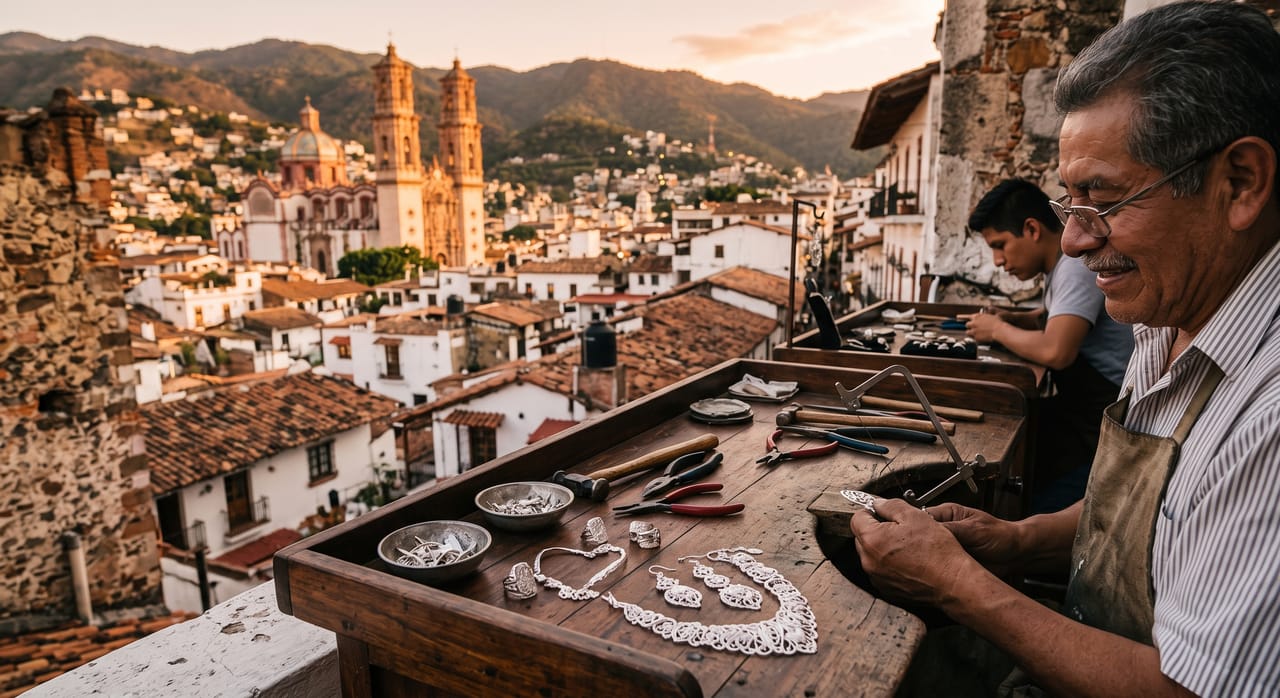 Illustration: Ein Silberschmied arbeitet an einer Werkbank mit filigranem Silberschmuck und Werkzeug, dahinter die weißen Häuser mit roten Ziegeldächern und die Kirchtürme von Taxco in den Bergen von Guerrero